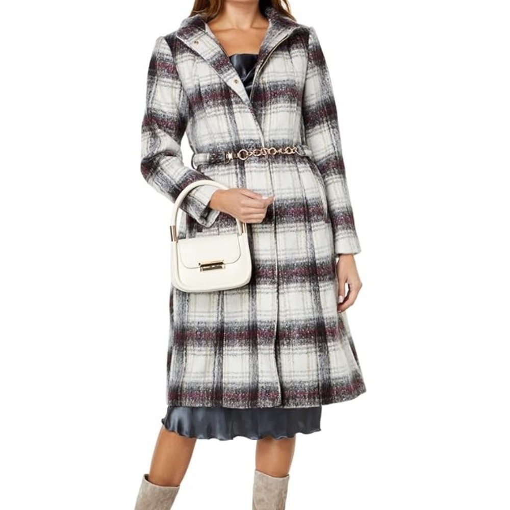 Vince Camuto Chain Belted Plaid Wool Maxi Coat Size XS